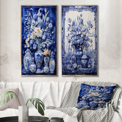 Bleu et blanc Boho Flower Pottery I - Boho Pottery Wall Art Living Room Ensemble de 2