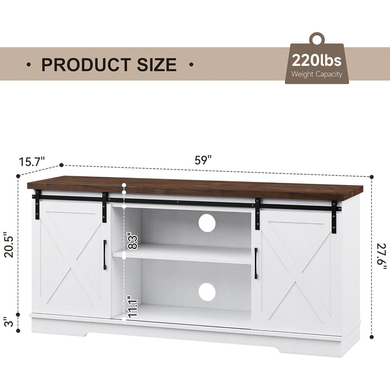 Farmhouse TV Stand For 65 Inch Tvs, With Sliding Barn Doors, White