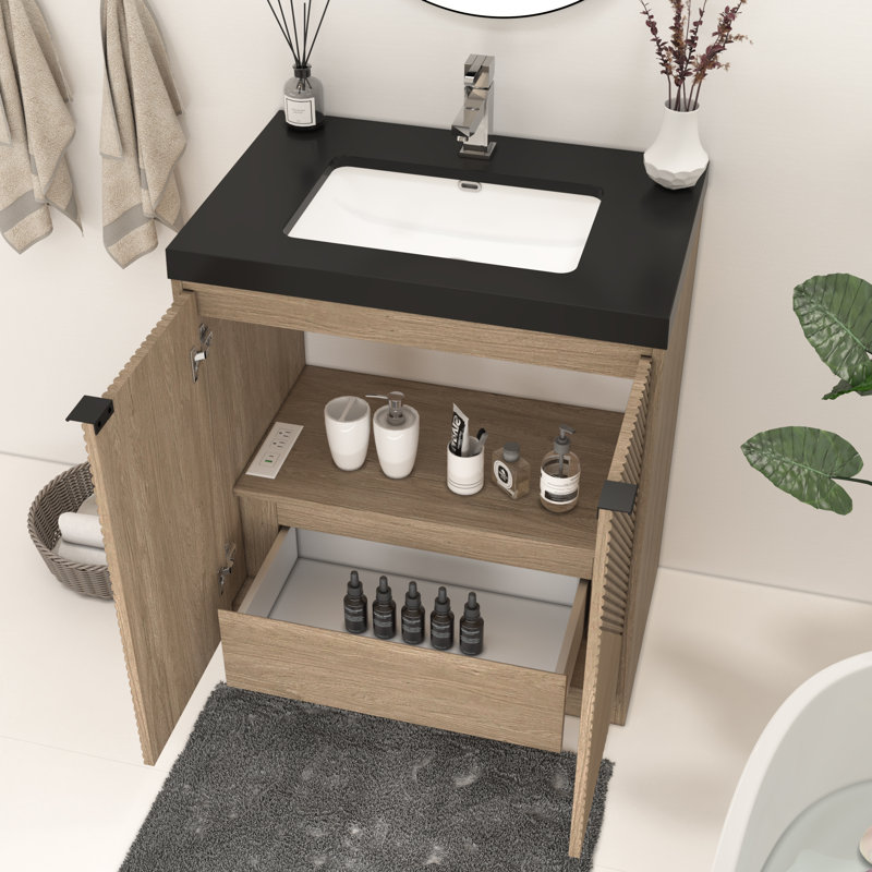 Ensemble de meuble-lavabo autoportant 29,5 po avec lavabo en acrylique noir Monterey, Marron clair