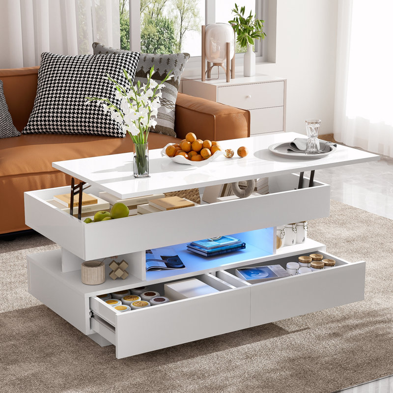 Table basse à plateau relevable avec 2 tiroirs, Blanc