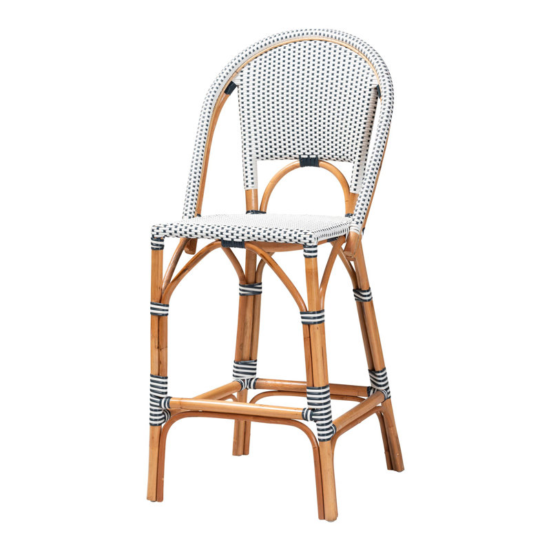 Billingslee Bali & Pari Genica Classic French Two-Tone Weaving And Natural Rattan Bar Stool, Navy/White