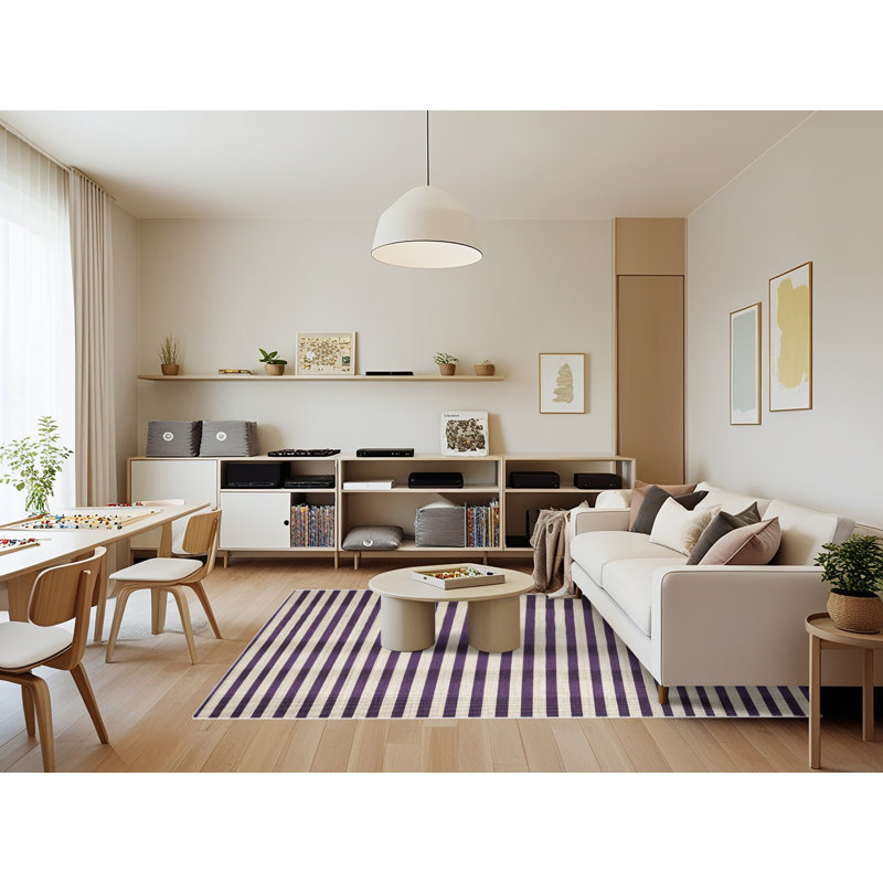 Tapis beige à rayures horizontales lavable à la machine, Rectangle 7 pi x 9 pi