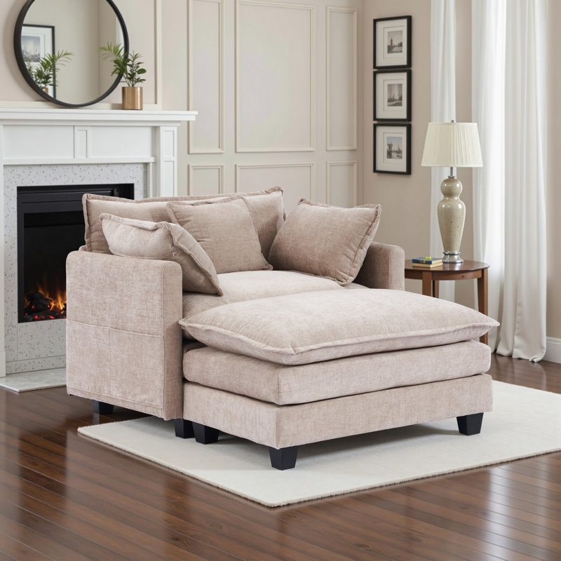 Chaise Lounge Chair Indoor with Ottoman, Oversized Chenille Lounge Sofa Chair, Comfy Reading Chair with Double-sided Armrest and Lumbar Support for Bedroom, Living Room, Office