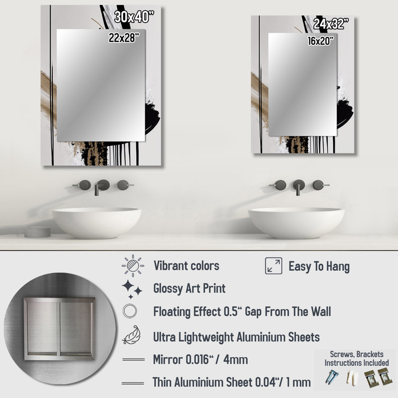Golden Minimalist Abstract IV - miroir décoratif abstrait, miroir mural noir, impression d'art en métal, 32 po x 24 po