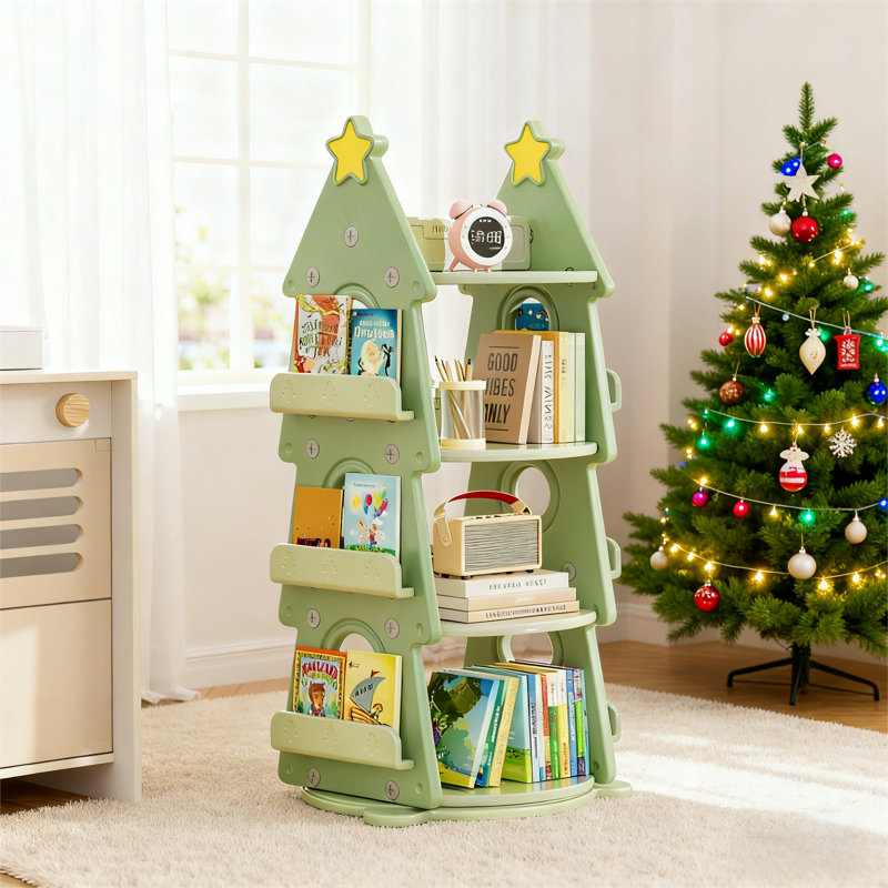4 Tier Kids Rotating Bookshelf, 360°display Spinning Bookshelf Tower, Floor Standing Bookcase, Green