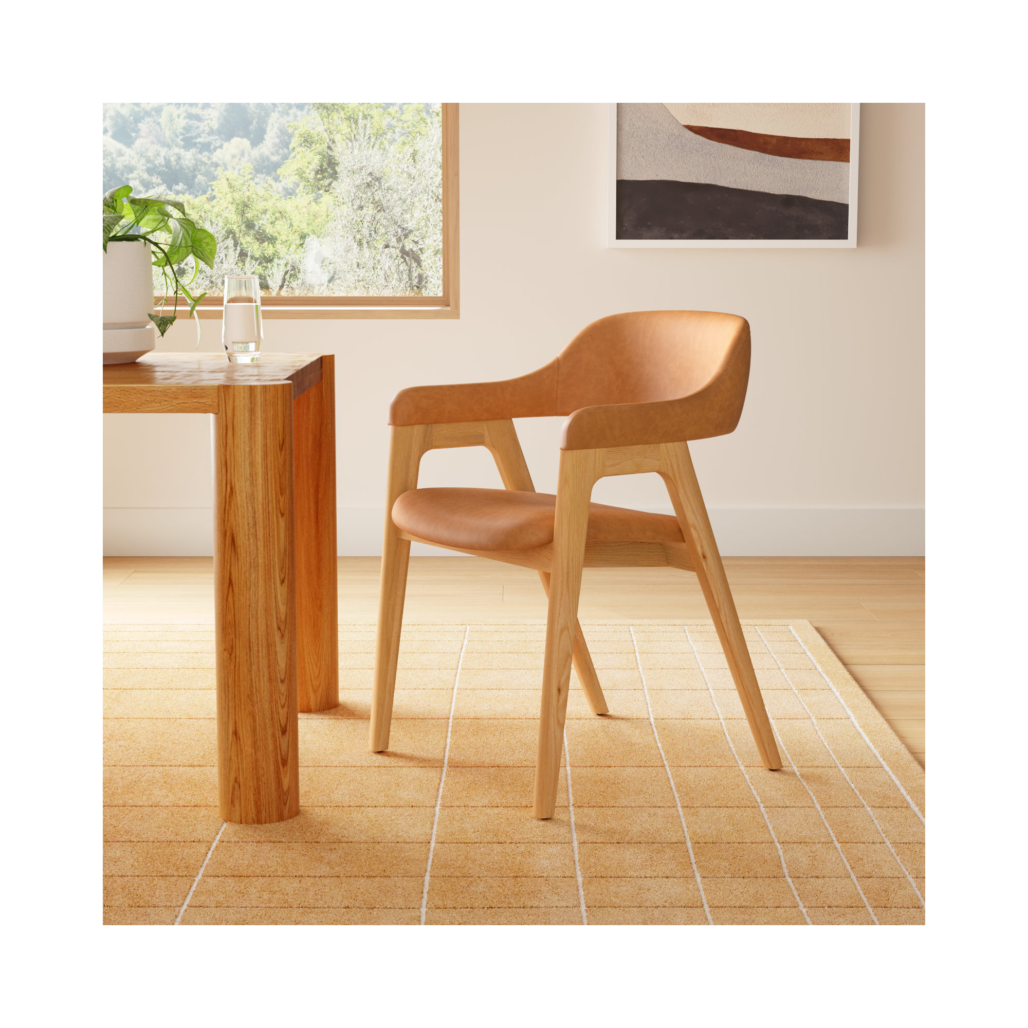  Genuine Leather Dining Chair, Caramel Tan / Oak