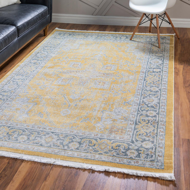 Tapis à motif oriental jaune / bleu / rose Folmar, Rectangulaire 10 pi x 13 pi 1 po