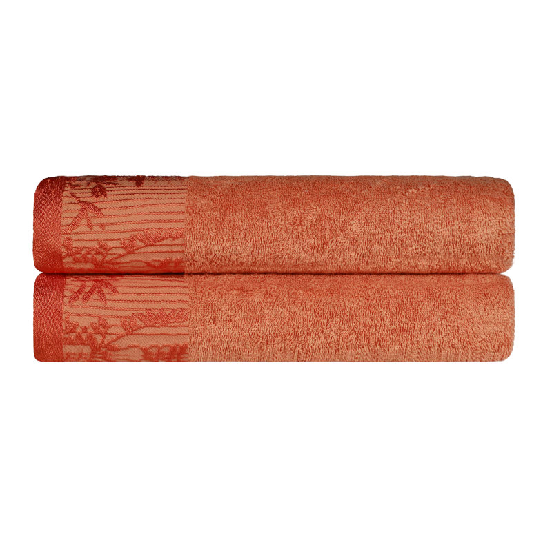 Ensemble de serviettes de bain en coton de poids moyen à bordure florale en jacquard pour la salle de bain Carinna, Mandarian