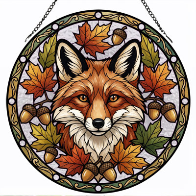 Fox Autumn Stained Glass Window Panel，7.8H