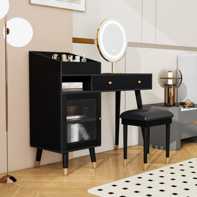 Leeandrew Vanity Desk with Drawers, Cabinet, Stool & Charging Ports