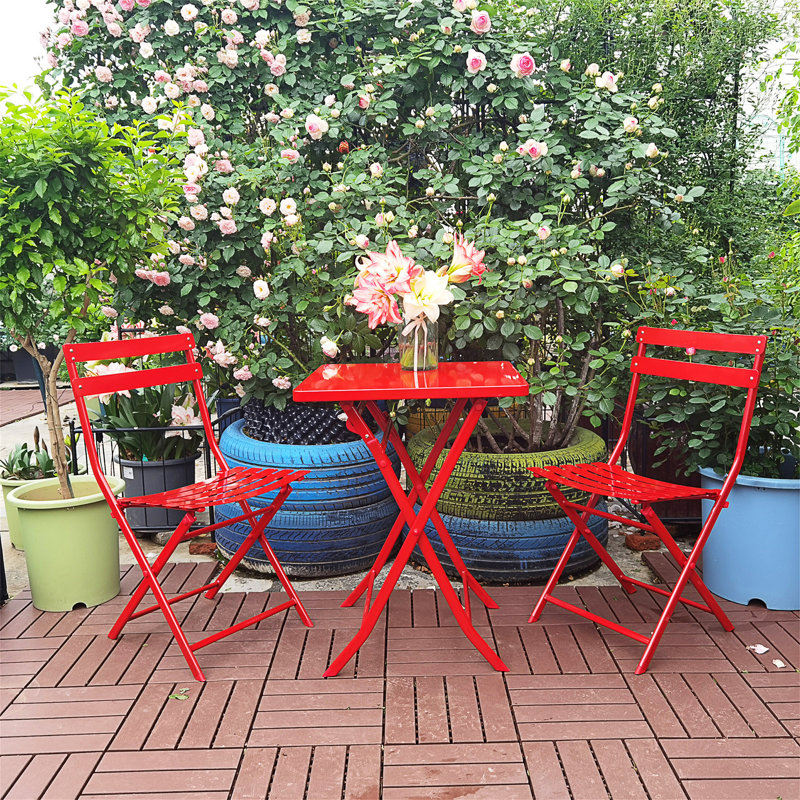 3 Piece Patio Bistro Set Of Foldable Square Table And Chairs, Red