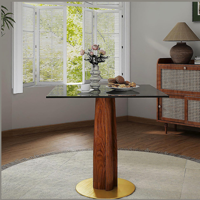 Table de salle à manger 33,5 "en verre trempé avec pieds en bois et base dorée, table carrée moderne