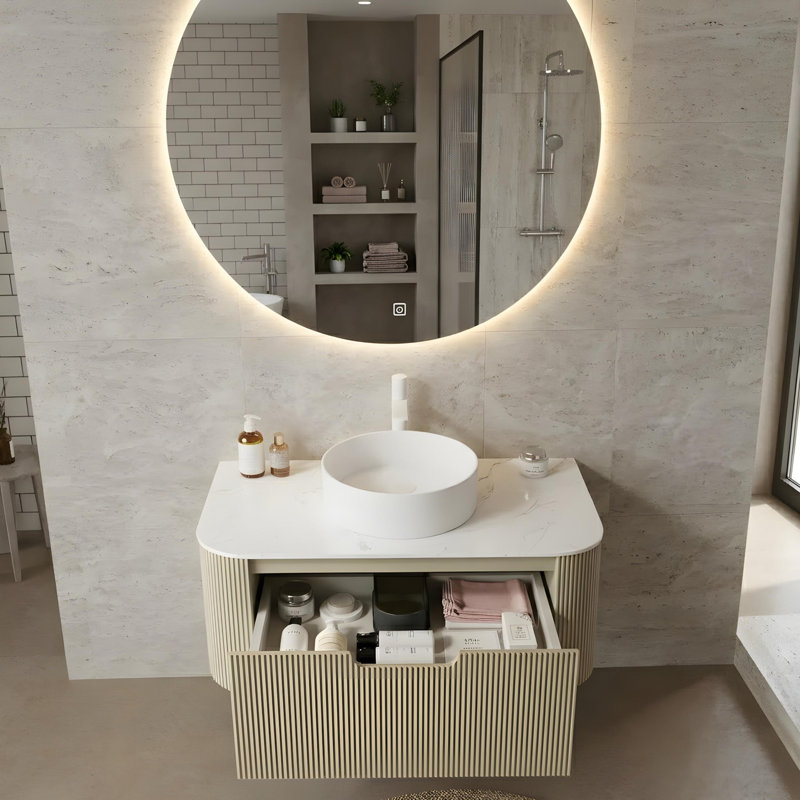 Armoire de salle de bain rayée avec lavabo rond en céramique blanche, 36"