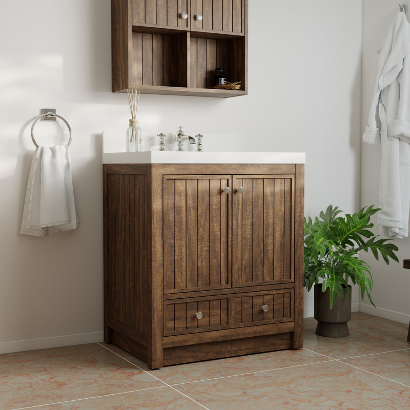 Ensemble de meuble-lavabo 30 po avec comptoir en quartz blanc Thassos et armoire murale assortie, Sépia rétro