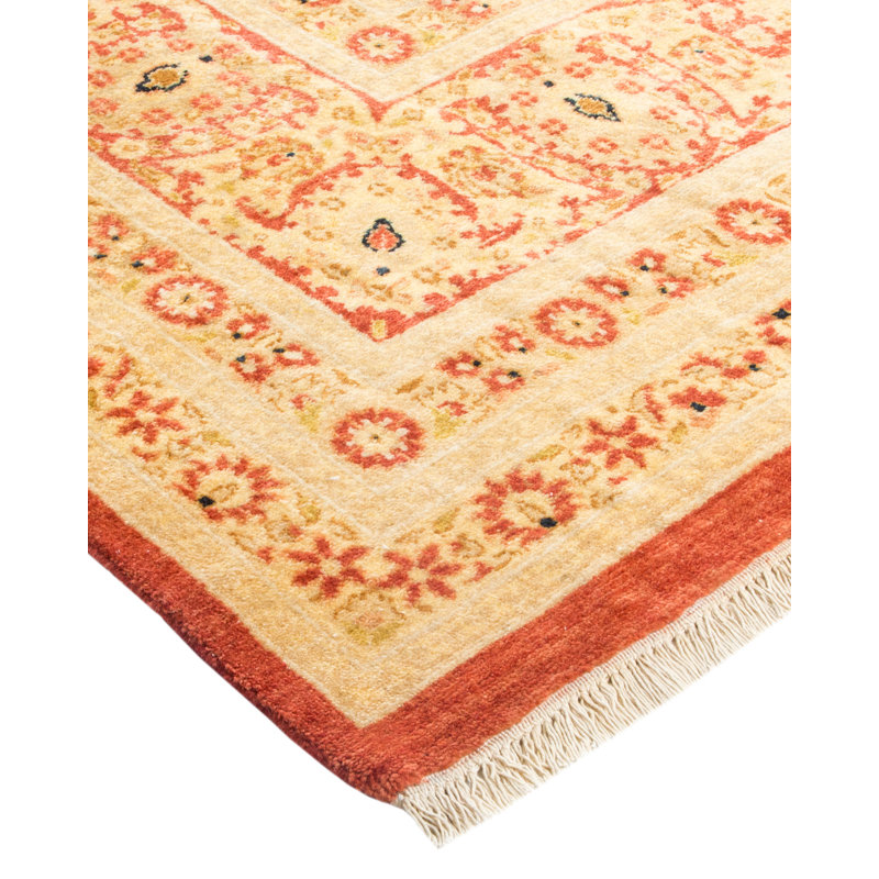 Tapis unique noué à la main orange / ivoire Keller de 6 pi 1 po x 9 pi 5 po Keller