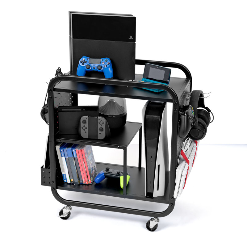 3-Shelf Metal Gaming Station Organizer Rack in Black, Matte Black