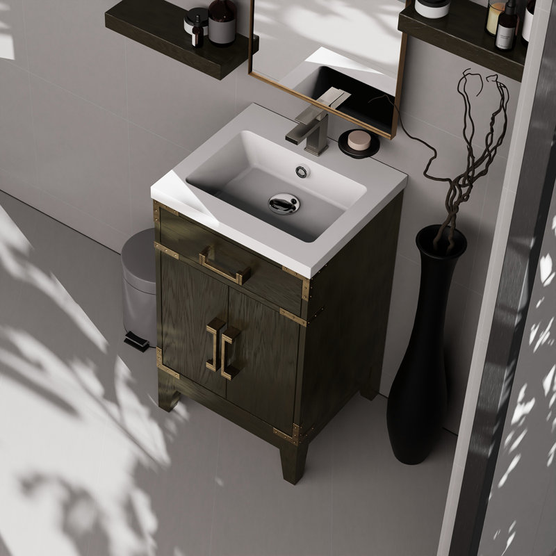 34,18 po Meuble-lavabo en chêne brun avec plateau en acrylique et miroir, Chêne brun