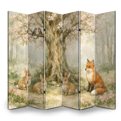 6 panneaux paravent pliant Royal fantaisiste Woodland scène lapins renards oiseaux florissant arbres toile souple séparateur de pièce autoportant protecteur cloison cloison d'intimité