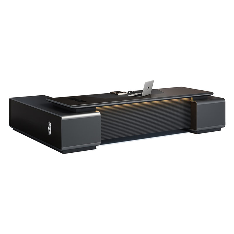 Bureau de direction en L gris clair luxueux moderne en forme de L avec prises de courant intégrées et tiroirs à verrouillage numérique par mot de passe