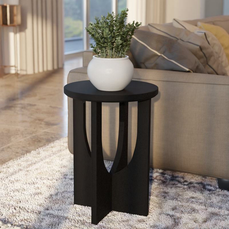 Solid Wood Modern End Table - Black Finish, Sculptural Pedestal, Easy 5-min Assembly , Black