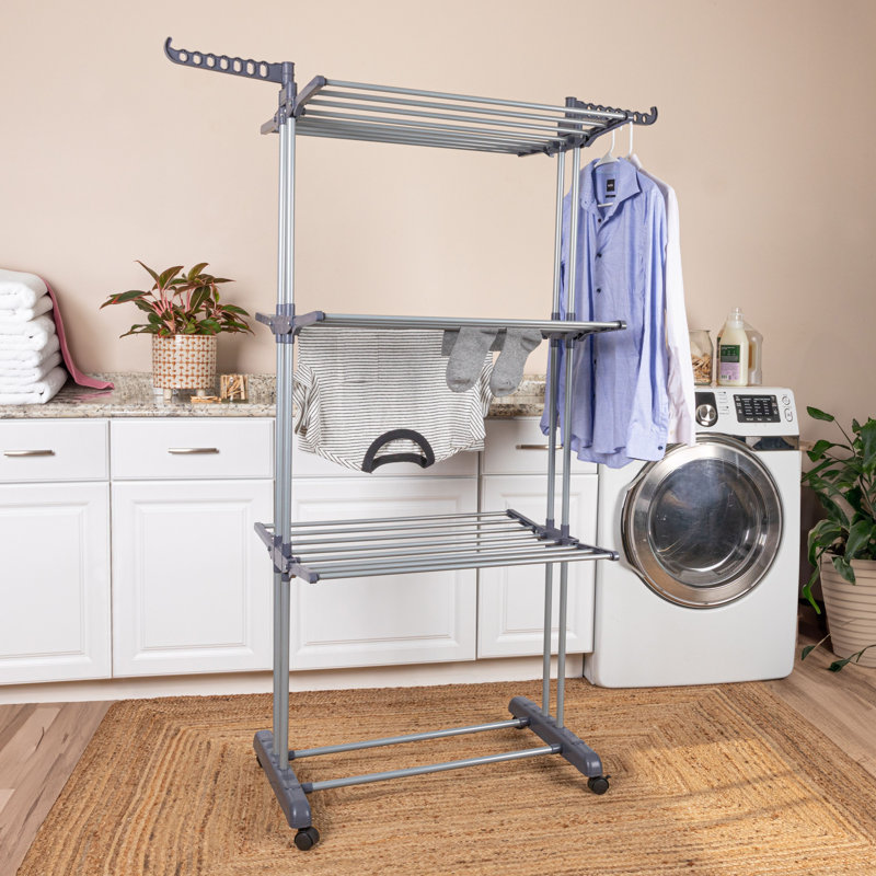4 Tier Stainless Steel Laundry Drying Rack with Two Side Wings, Grey