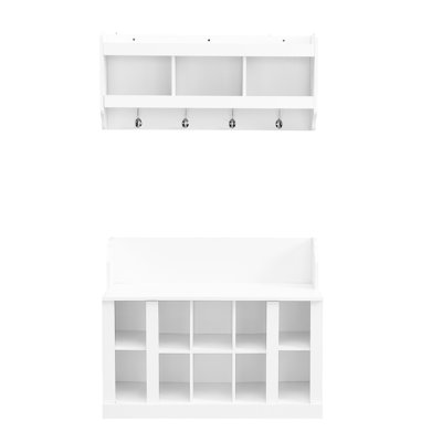 Shoe Storage And Coat Rack With 4 Hooks, Wall Mounted, White Entryway Organizer For Hallway Stylish Bench Hooks Mounted Cabinet, Hall Tree Hallway, Foyer,
