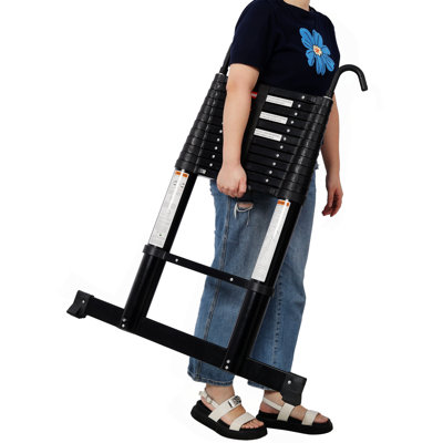 12.5FT Telescopic Ladder Aluminum Ladder With Non-Slip Feet And Stable Hook, Slow Down Safety Function With Stabilizer Portable Extension Ladder For Household And Outdoor Working, 330Lb Capacity Black