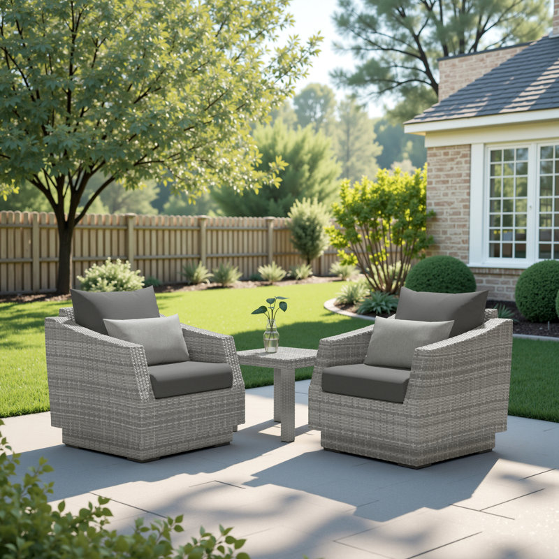 Fionnula 3 Piece Rattan Seating Group With Sunbrella Cushion Covers, Charcoal Grey