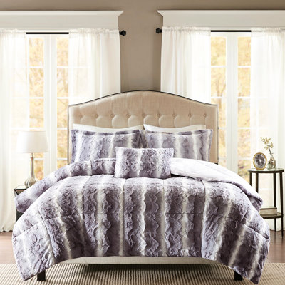 Couette en fausse fourrure grise, grand format, ensemble de literie 4 pièces Edge, gris, comprend 2 taies d'oreiller et 1 coussin décoratif.