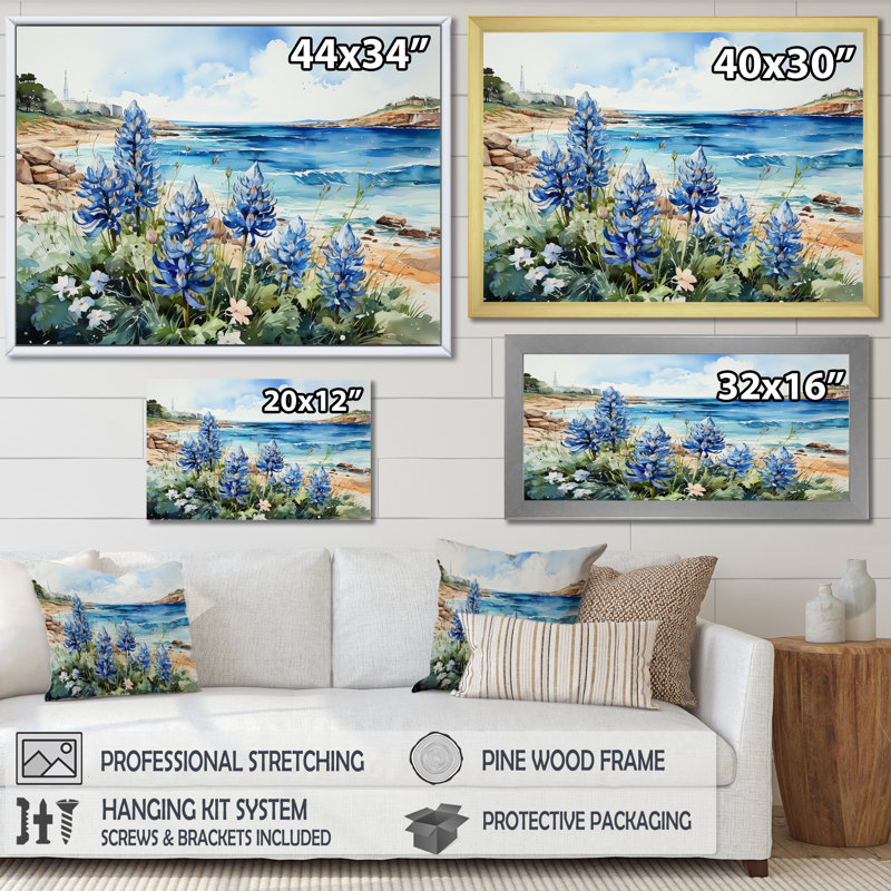 Bonnets bleus sur la plage I - décor mural bleu Bonnets FL107188, H 30 po x l 40 po x P 1,5 po, Blanc