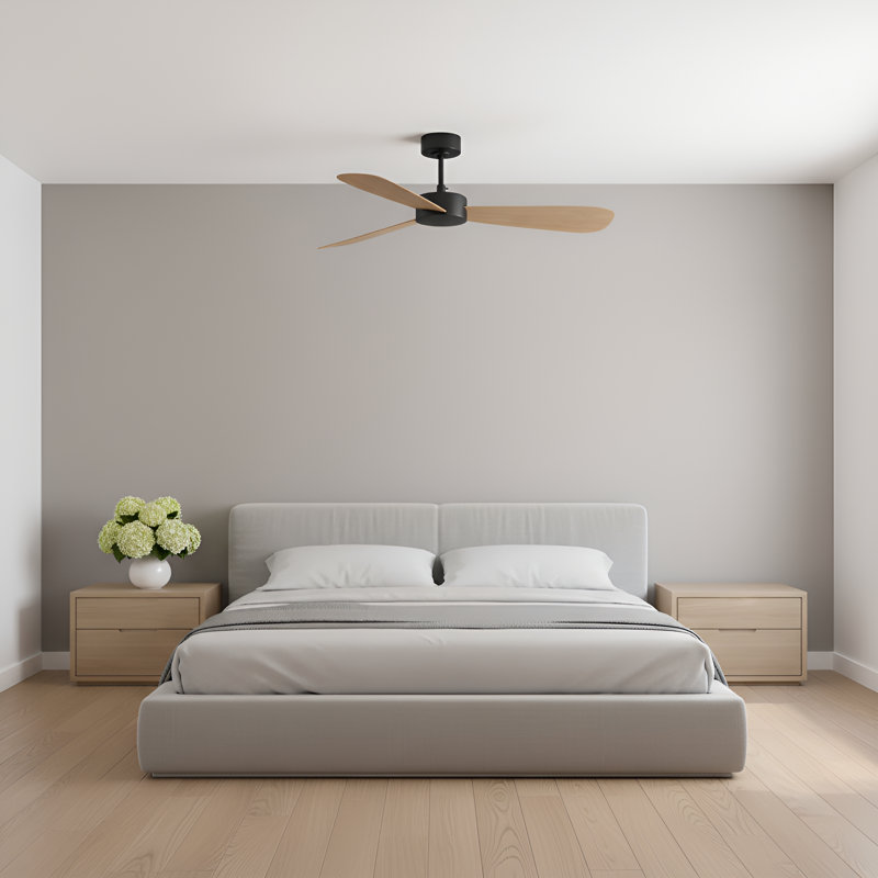  Paddle Smart 52 Indoor Ceiling Fan with Threaded Downrod, Oak ABS blades and Handheld Remote, Midnight Black, Oak