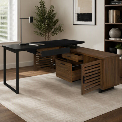 L-Shape Computer Desk, Black & Walnut Finish, Corner Office Workstation