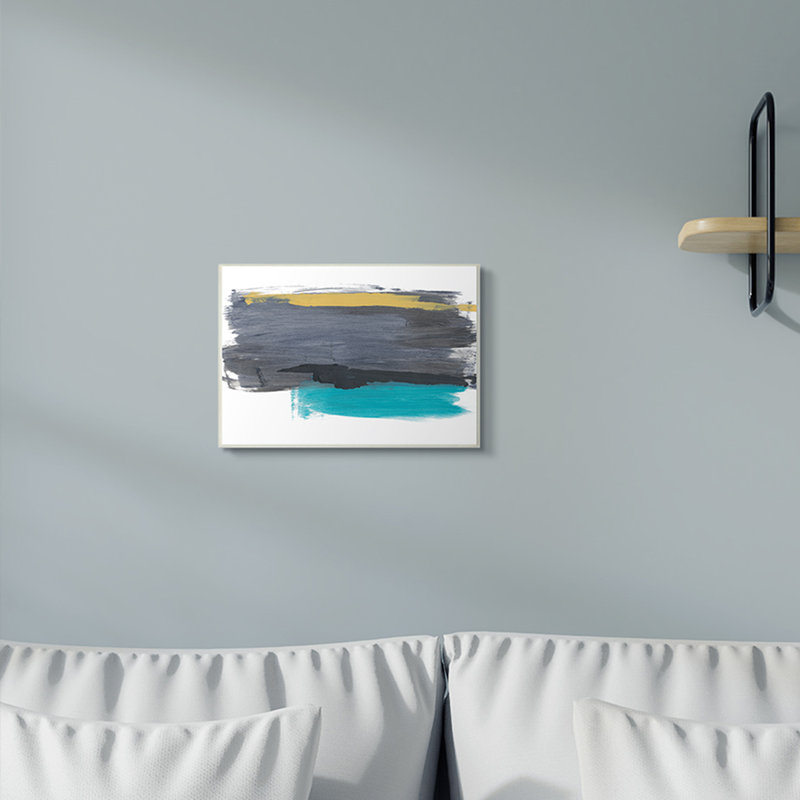 Abstrait coups de pinceau jaune et gris par Bronwyn Baker - Peinture, H 10 po x l 15 po, Bois naturel
