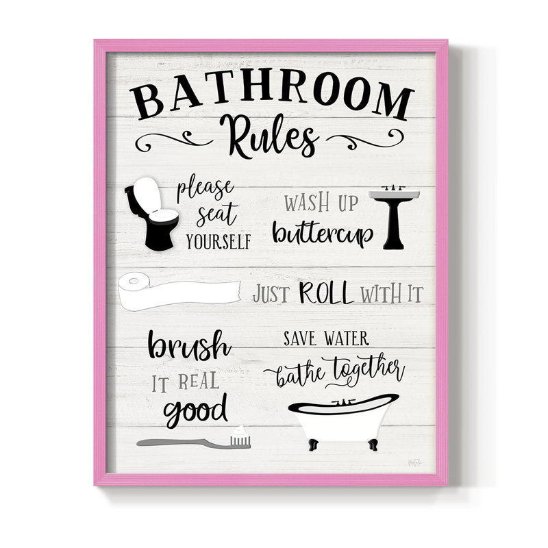 «Rules of the Bathroom», reproduction encadrée - bois massif, H 21 po x l 17 po, Rose