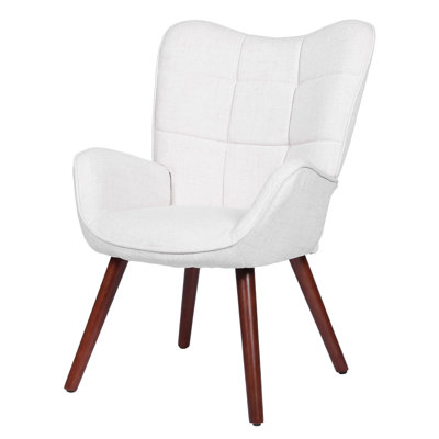 Comfortable Wingback Accent Lounge Chair - Modern Faux Suede Upholstered Dining Chair with Back Support, Uniform Oak Wood Legs for Living Room, Kitchen, Restaurant - White