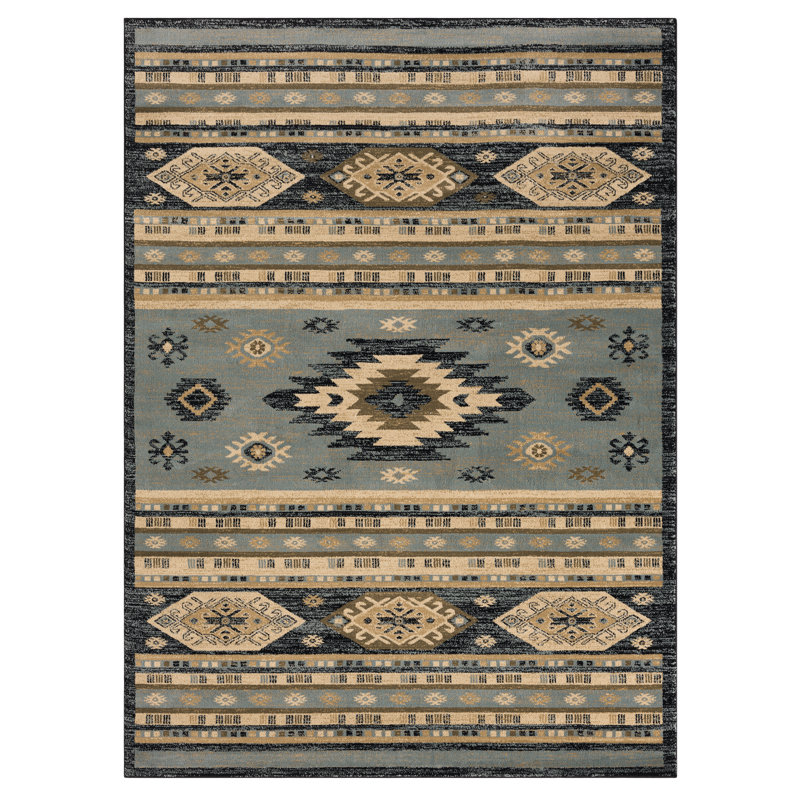 Tapis bleu / noir / beige en polypropylène tissé à la machine Southwestern, Rectangle 1 pi 10 po x 3 pi