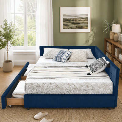 Cadre de lit capitonné Queen Size avec rangement, dossier et accoudoirs confortables, idéal pour la chambre et le salon.