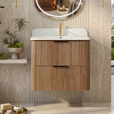 Natural Wood Finish 24" Floating Bathroom Vanity with Seamless One-Piece Sink