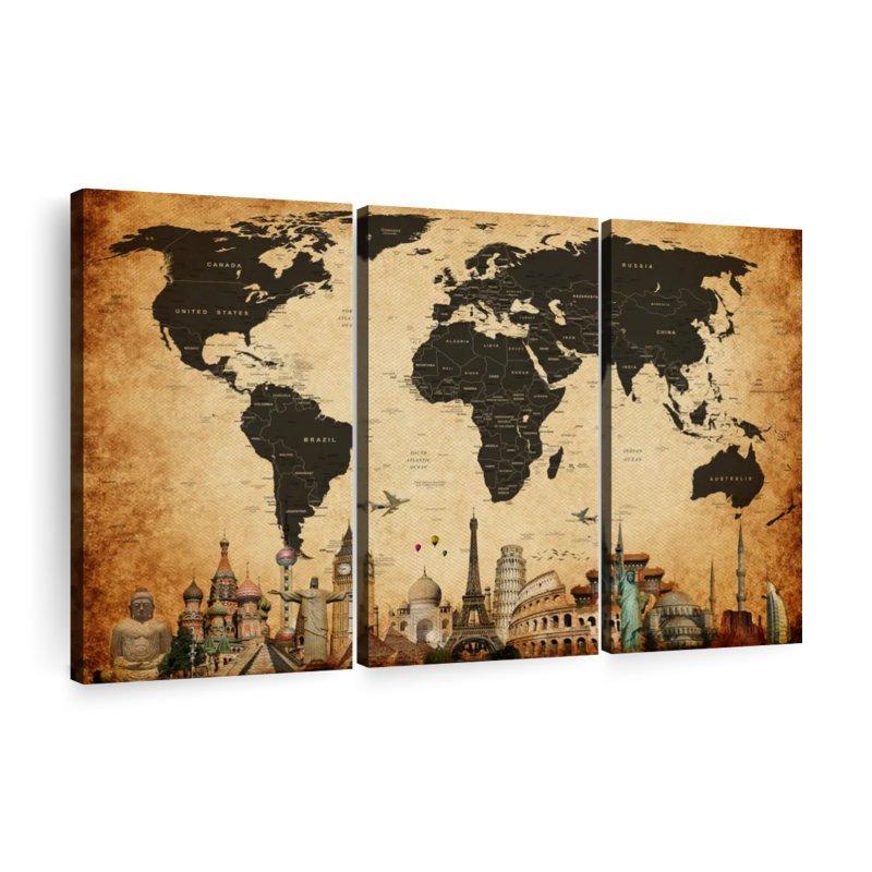 Carte du monde rétro, impression sur toile, H 74 po x l 48 po x P 1,25 po