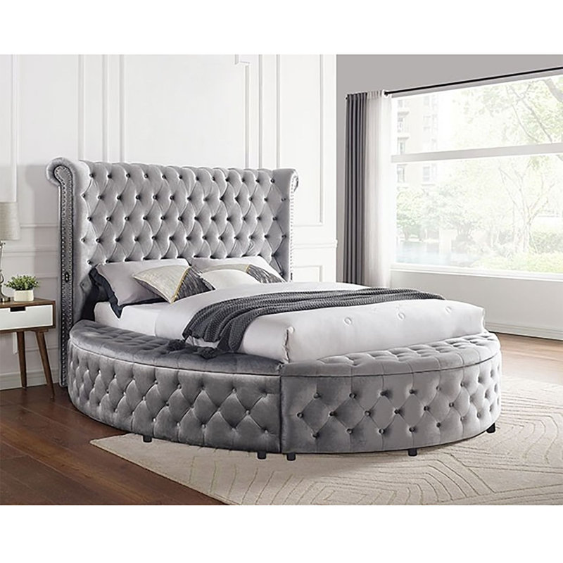 Locklear Upholstered Wingback Storage Bed, King, Gray