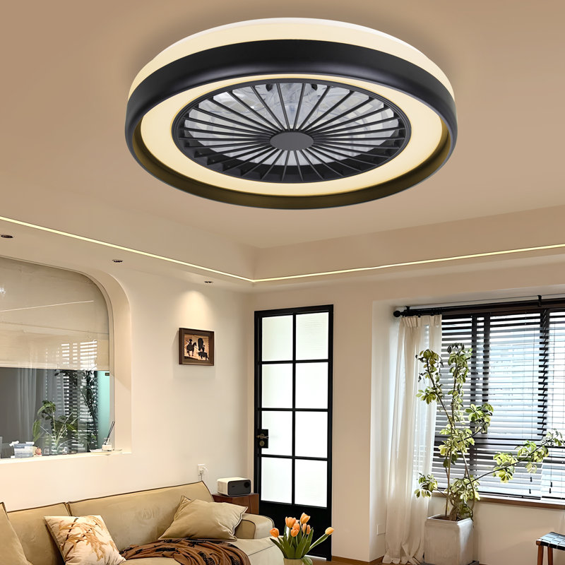 Ventilateur de plafond sans lame intelligent de 20 po avec lumière à changement de couleur RVB, DEL moderne à profil bas à intensité variable pour chambre à coucher, salon en noir