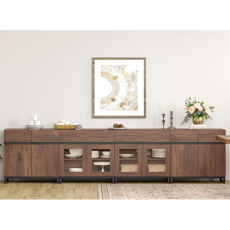4 In 1 Sideboard Buffet Cabinets With Glass Doors And 2 Drawers, Modern Sideboard Credenza With Adjustable Shelf And Metal Base, Coffee Bar Cabinet Storage Cabinet