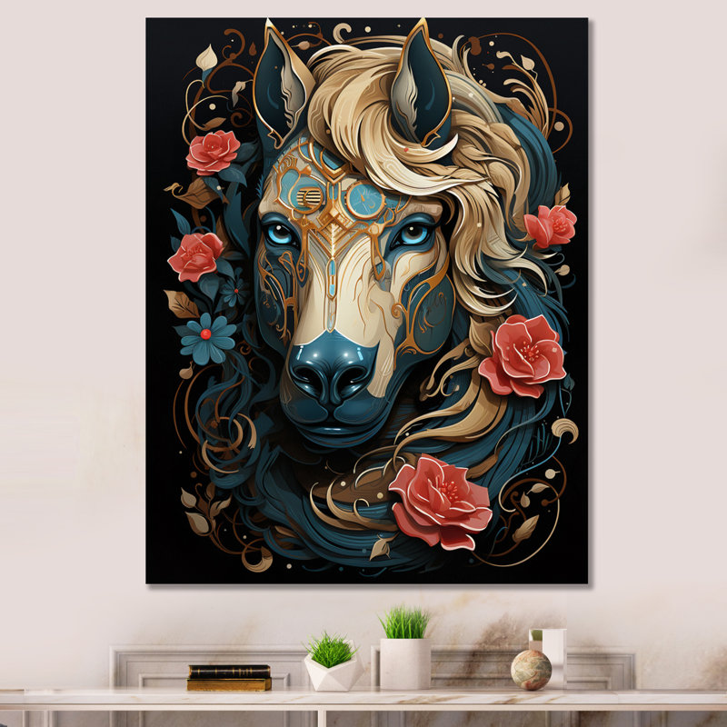 Portrait rétro d'un cheval blanc avec des roses rouges sur toile, Toile tendue, 32" H x 24" W