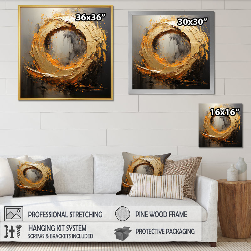 Spirale rétro, peinture dorée sur fond noir I - Abstract Spirals Large, art mural, H 30 po x l 30 po x P 1 po