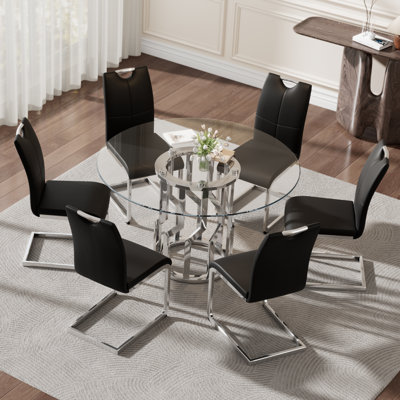 Ensemble de table de salle à manger de 47,2 po pour 6 personnes, ensemble de table de cuisine moderne 7 pièces avec base en acier inoxydable argenté et 6 chaises d'appoint en similicuir, économisant de l'espace, ensemble de salle à manger pour appartement