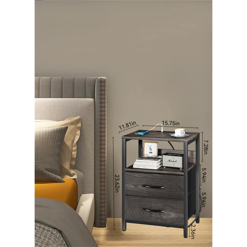 Modern Bedside Table With Charging Station – Stylish & Functional, Charcoal Gray
