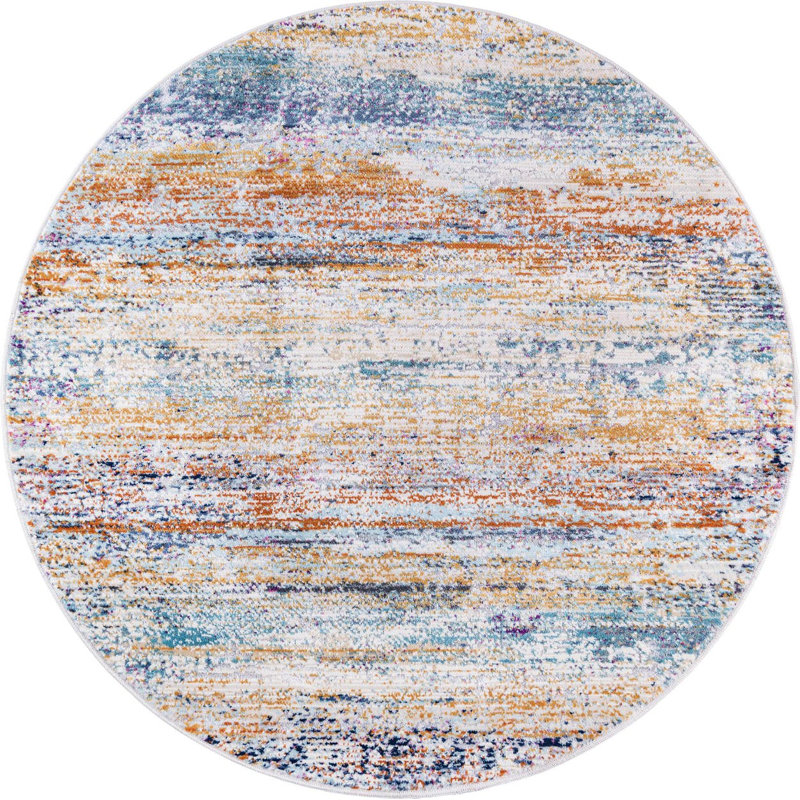 Tapis bleu / orange / gris, Rond 3 pi 7 po