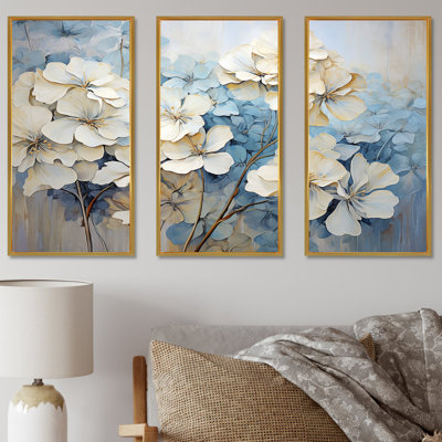 Minimalism White And Blue Geraniums Flowers - Geraniums Canvas Wall Art Set