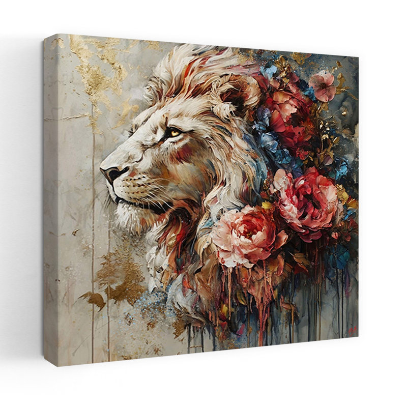 Lion et fleurs III, art contemporain de lion, H 36 po x l 36 po