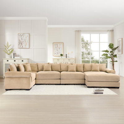 Kojka Convertible Corduroy Sectional Sofa with Thick Armrests & Movable Ottoman
